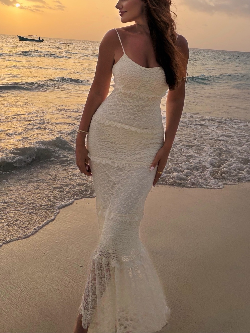 Ivory Lace Maxi Dress with Spaghetti Straps